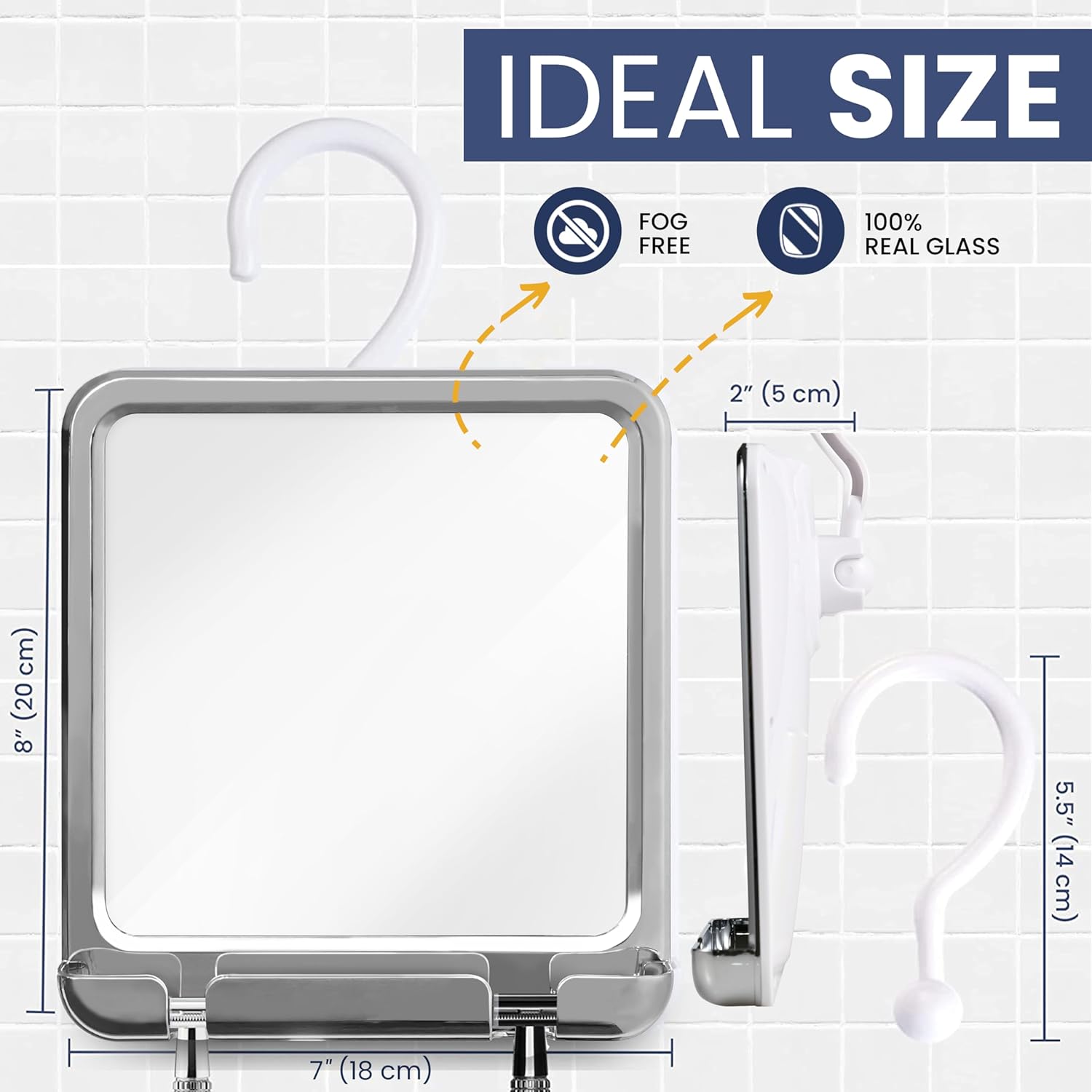 Hangable Fogless Shower Mirror with Real Glass Surface and Razor Holder (Chrome)