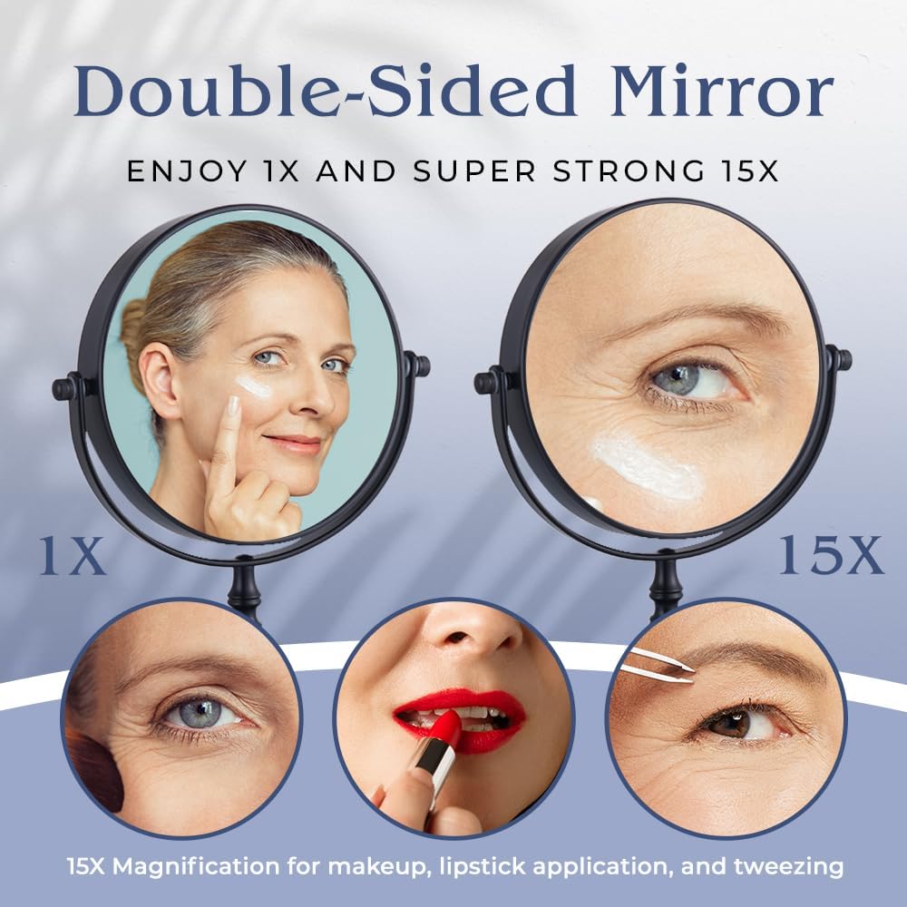 15X Magnifying Cosmetic Tabletop Mirror, 6"W x 9"H (Black) - MVM6KK15X - 20 Units Per Carton