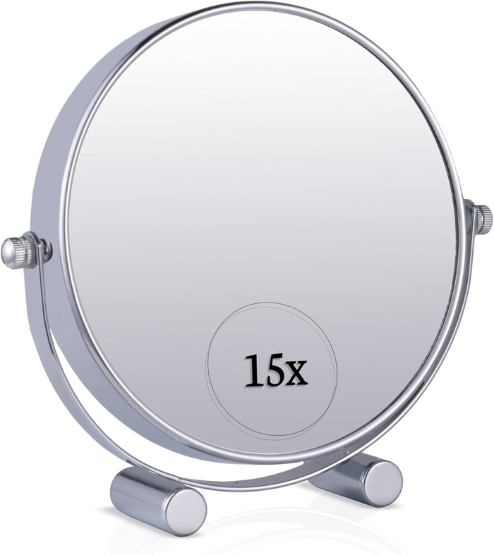 Small 15X Magnifying Cosmetic Tabletop Mirror, 6"W x 6.7"H (Chrome) - MVS6AA15X - 20 Units Per Carton