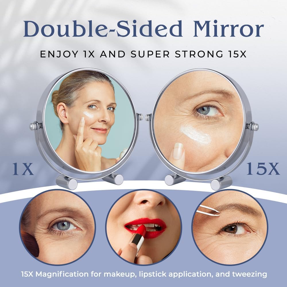 Small 15X Magnifying Cosmetic Tabletop Mirror, 6"W x 6.7"H (Chrome) - MVS6AA15X - 20 Units Per Carton