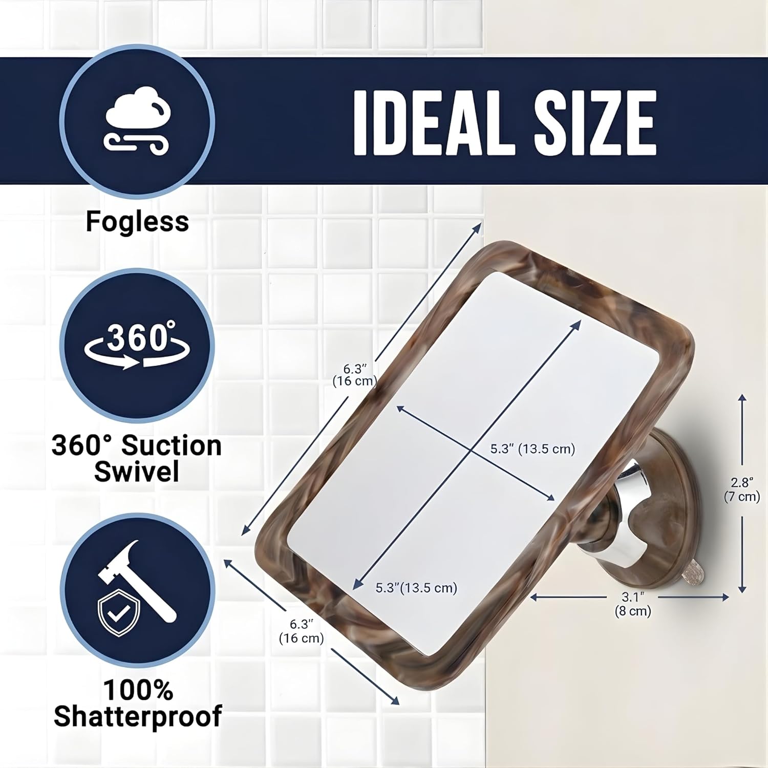 Fogless Shower Mirror for Shaving with Suction Mount (Cocoa Marble Print)