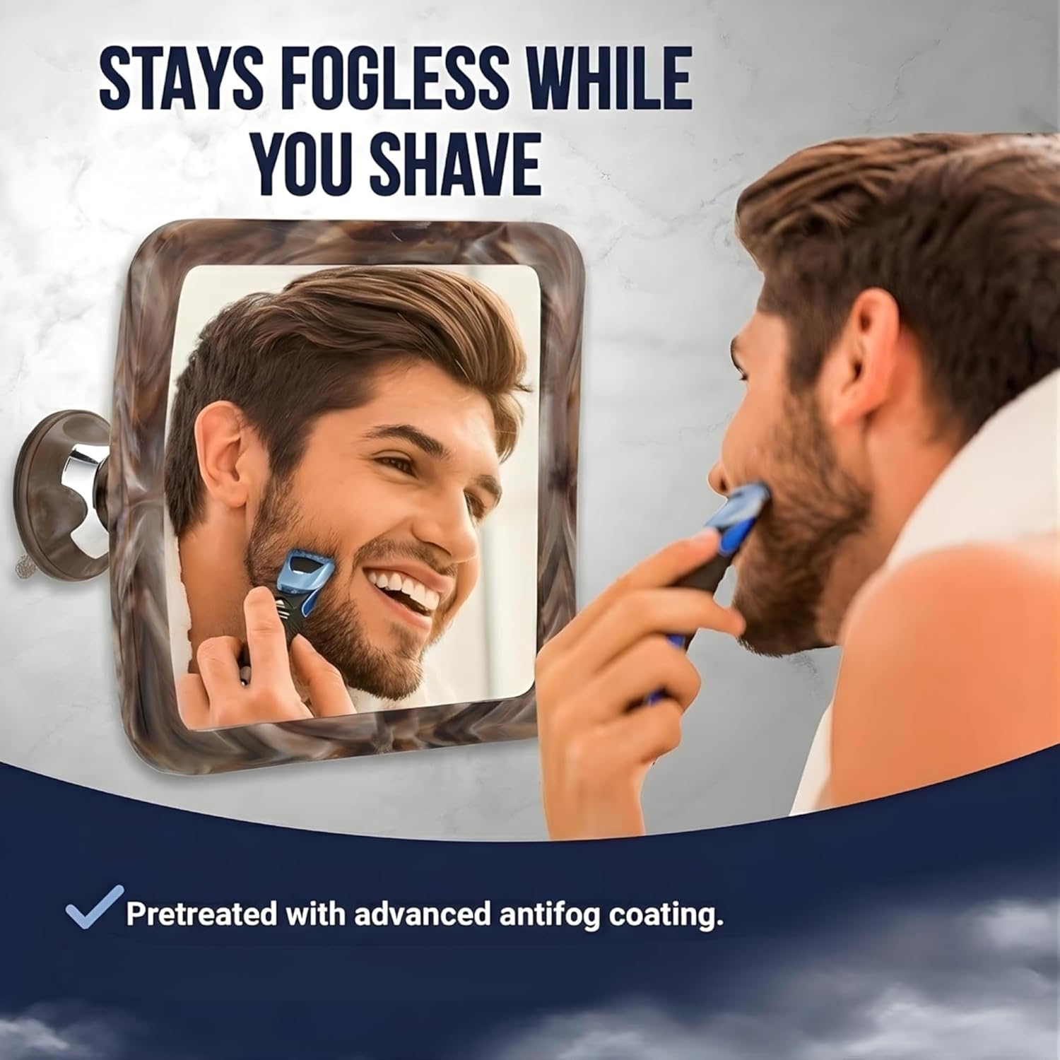 Fogless Shower Mirror for Shaving with Suction Mount (Cocoa Marble Print)