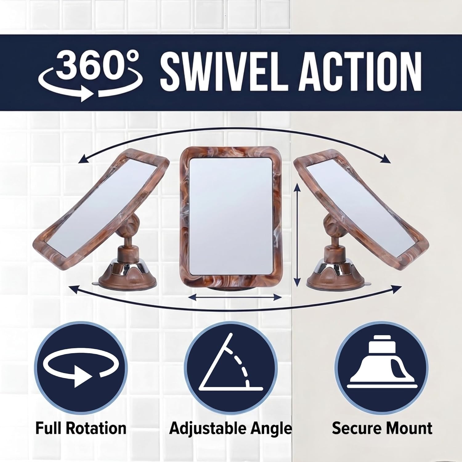 Fogless Shower Mirror for Shaving with Suction Mount (Cocoa Marble Print)