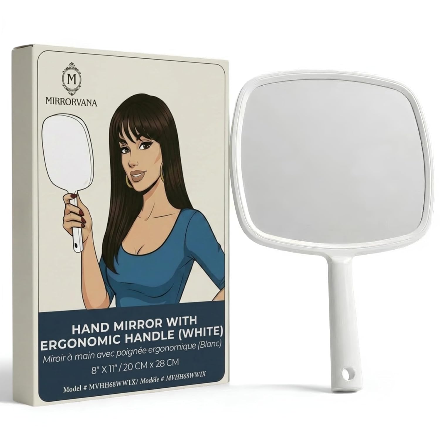 Portable Hand Mirror with Flat Handle (White)