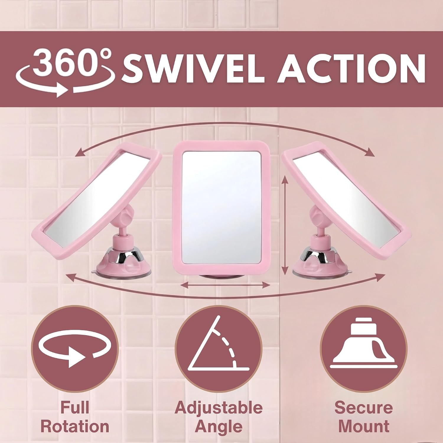 Fogless Shower Mirror for Skincare and Grooming with Suction Mount (Pink)