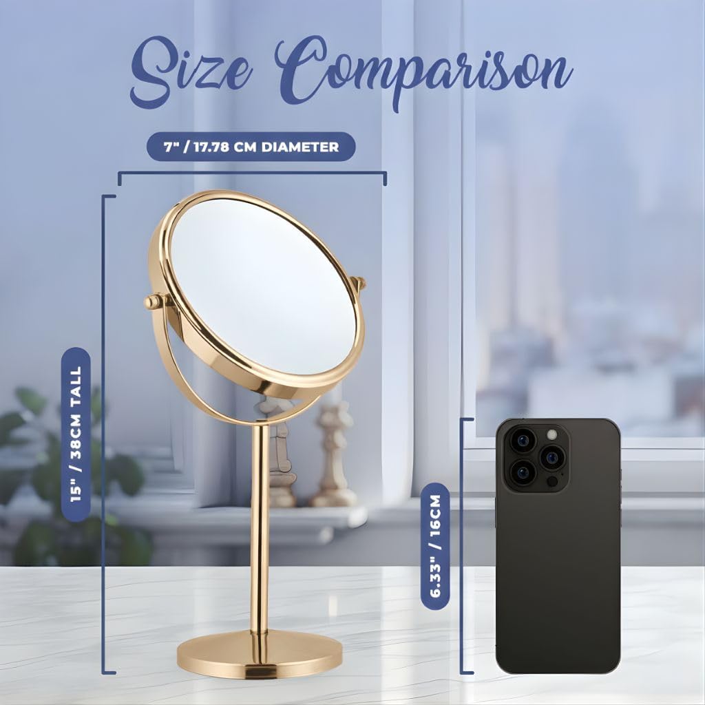 Double-Sided 10X/1X Tabletop Makeup Mirror in Gift Box, 7" Wide (Gold)