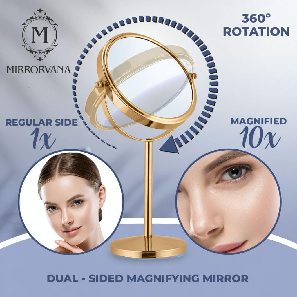 Double-Sided 10X/1X Tabletop Makeup Mirror in Gift Box, 7" Wide (Gold)