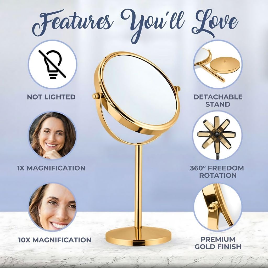 Double-Sided 10X/1X Tabletop Makeup Mirror in Gift Box, 7" Wide (Gold)