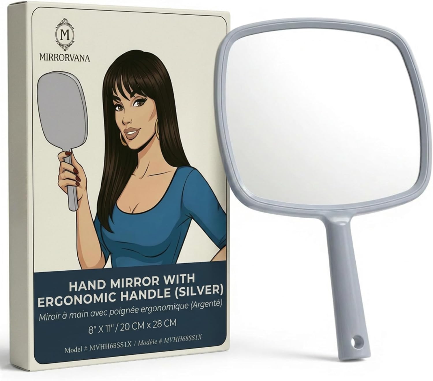 Portable Hand Mirror with Flat Handle (Silver)