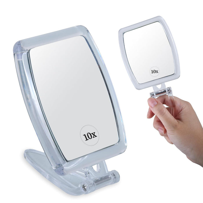 High Magnification Travel Hand Mirror - Foldable 10X & 1X Magnifying Makeup Mirror, 3-in-1 Hand Mirror, Hanging Mirror, Table Mirror - 3.3" x 7.3" (Unfolded) / 3.3” x 4.4” (Folded)