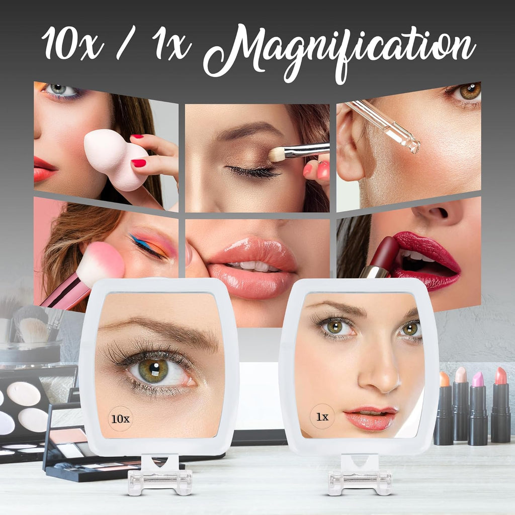 High Magnification Travel Hand Mirror - Foldable 10X & 1X Magnifying Makeup Mirror, 3-in-1 Hand Mirror, Hanging Mirror, Table Mirror - 3.3" x 7.3" (Unfolded) / 3.3” x 4.4” (Folded)