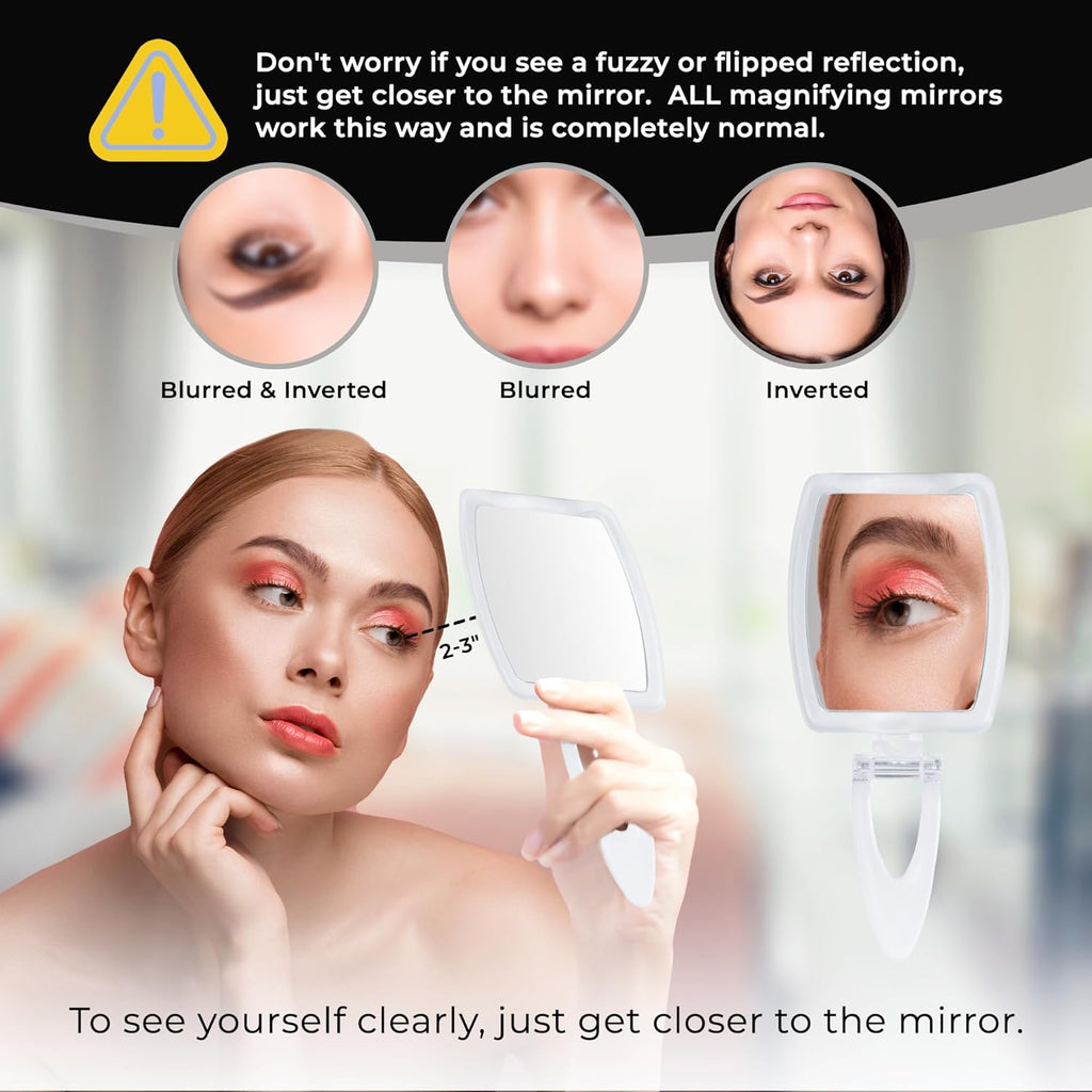 High Magnification Travel Hand Mirror - Foldable 10X & 1X Magnifying Makeup Mirror, 3-in-1 Hand Mirror, Hanging Mirror, Table Mirror - 3.3" x 7.3" (Unfolded) / 3.3” x 4.4” (Folded)