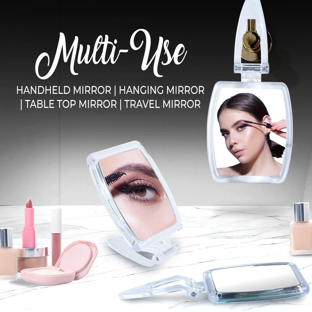 High Magnification Travel Hand Mirror - Foldable 10X & 1X Magnifying Makeup Mirror, 3-in-1 Hand Mirror, Hanging Mirror, Table Mirror - 3.3" x 7.3" (Unfolded) / 3.3” x 4.4” (Folded)
