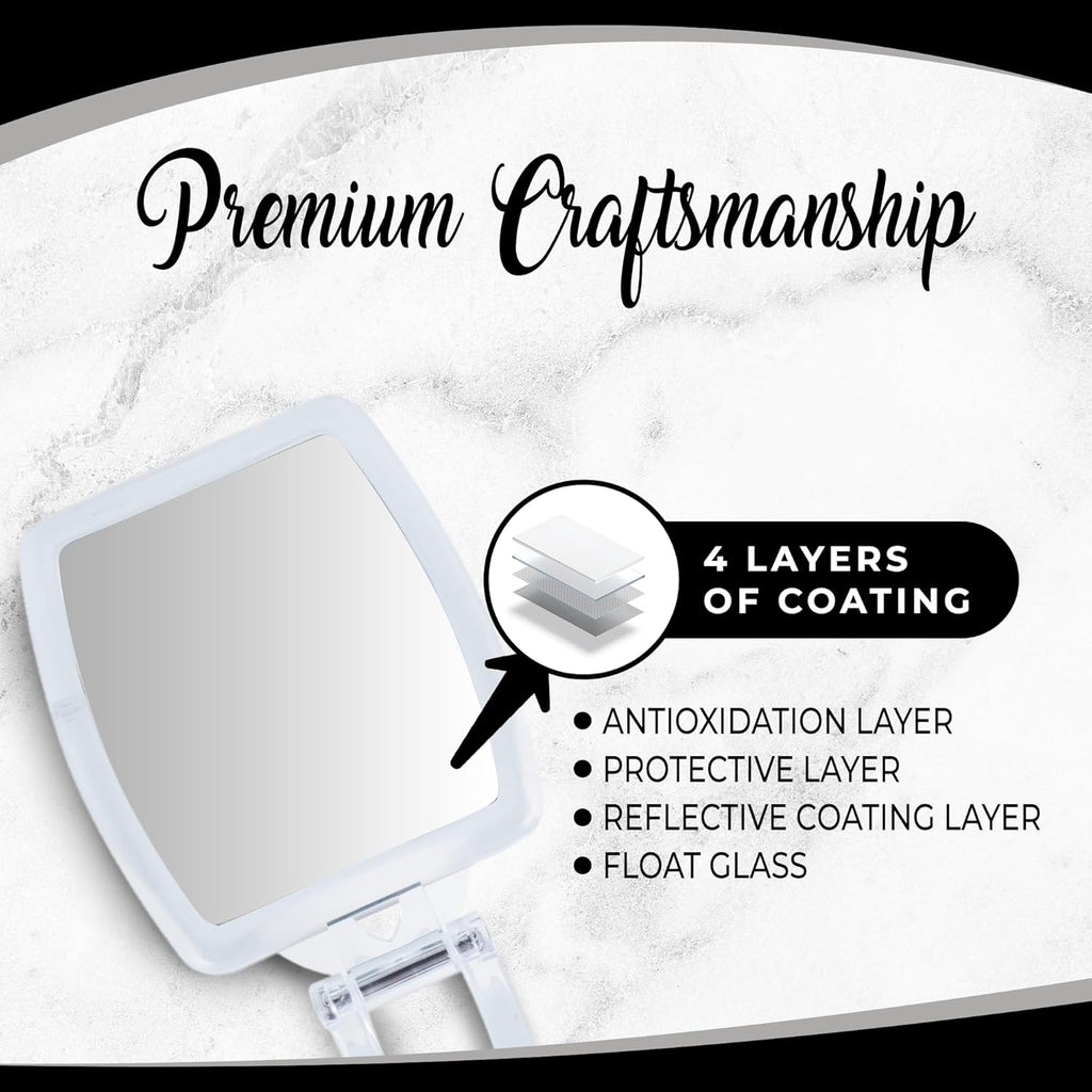 High Magnification Travel Hand Mirror - Foldable 10X & 1X Magnifying Makeup Mirror, 3-in-1 Hand Mirror, Hanging Mirror, Table Mirror - 3.3" x 7.3" (Unfolded) / 3.3” x 4.4” (Folded)