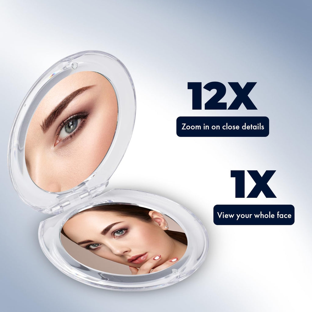 MIRRORVANA Small 12X Magnifying Travel Makeup Mirror, Dual-Sided 12X/1X, Foldable and Lightweight, Portable Compact Mirror Design - Ideal for Handbag, Purse, or Pocket Use - 3.3" Diameter