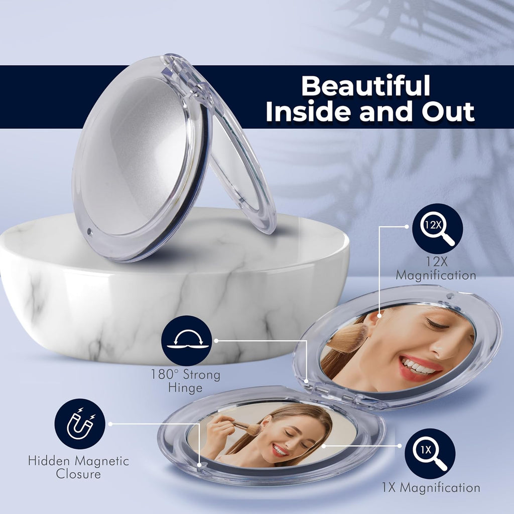 MIRRORVANA Small 12X Magnifying Travel Makeup Mirror, Dual-Sided 12X/1X, Foldable and Lightweight, Portable Compact Mirror Design - Ideal for Handbag, Purse, or Pocket Use - 3.3" Diameter