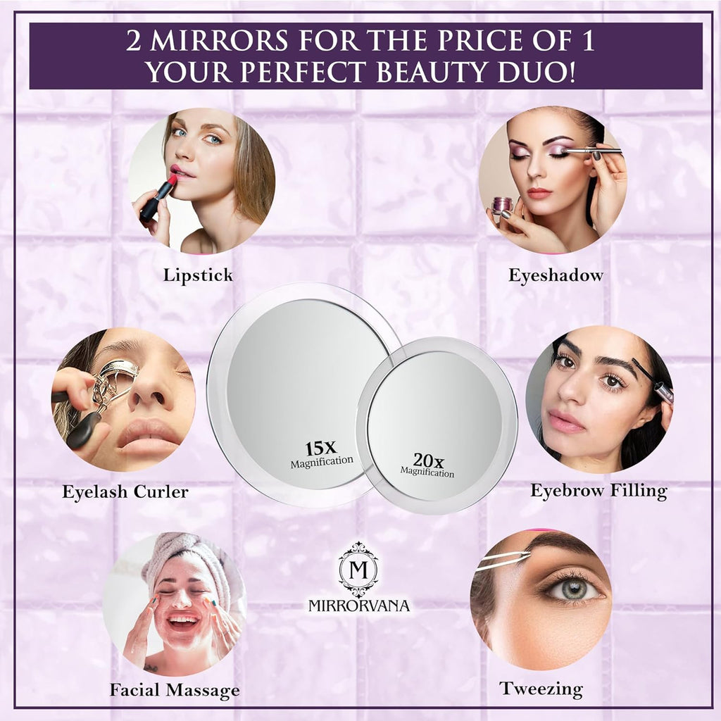Mirrorvana 15X & 20X Spot Magnifying Mirror Set with Suction Cups - Compact & Travel Ready - 6-Inch & 4-Inch Diameter