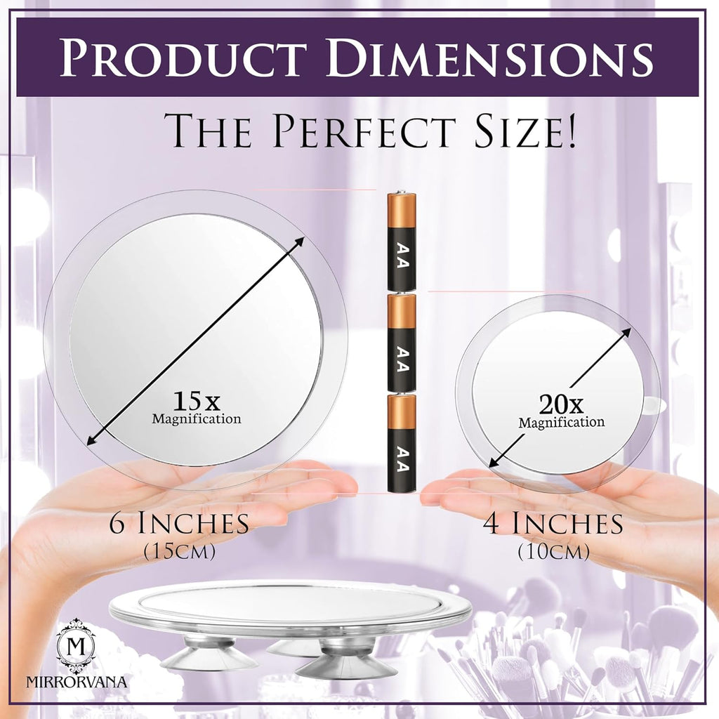 Mirrorvana 15X & 20X Spot Magnifying Mirror Set with Suction Cups - Compact & Travel Ready - 6-Inch & 4-Inch Diameter
