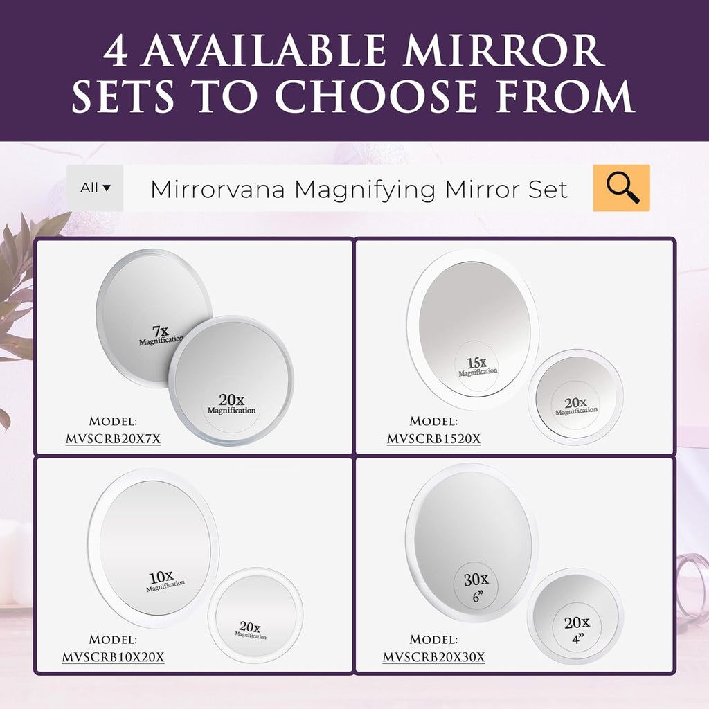 Mirrorvana 15X & 20X Spot Magnifying Mirror Set with Suction Cups - Compact & Travel Ready - 6-Inch & 4-Inch Diameter