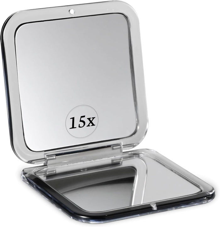 MIRRORVANA Small Compact 15X Magnifying Mirror for Travel - Handheld, Foldable & Lightweight - Mini Pocket-Sized Magnified Mirror for Purse - Square 3.3” x 3.3” Black