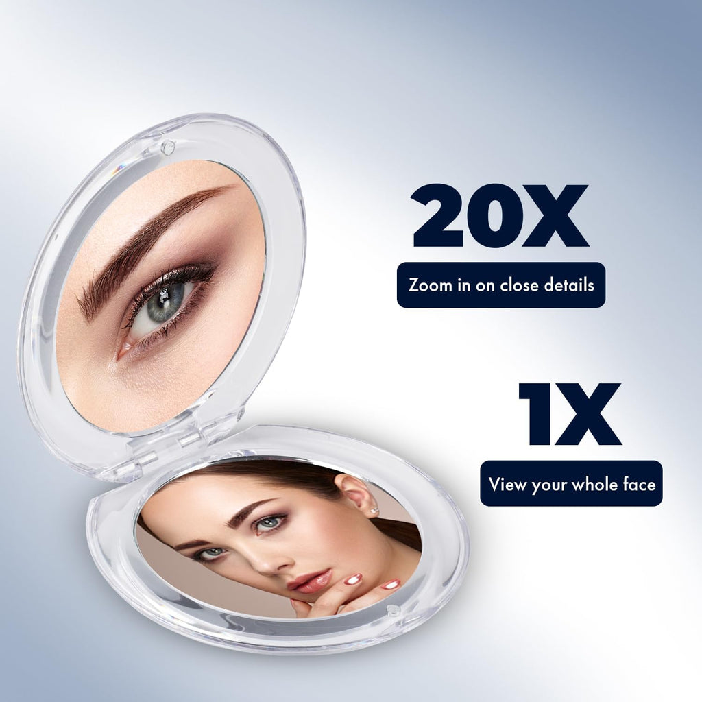 MIRRORVANA Small Compact 20X Magnifying Mirror for Travel - Handheld, Foldable & Very Lightweight - Mini Pocket-Sized Magnified Mirror for Purse - Round 3.3” Diameter