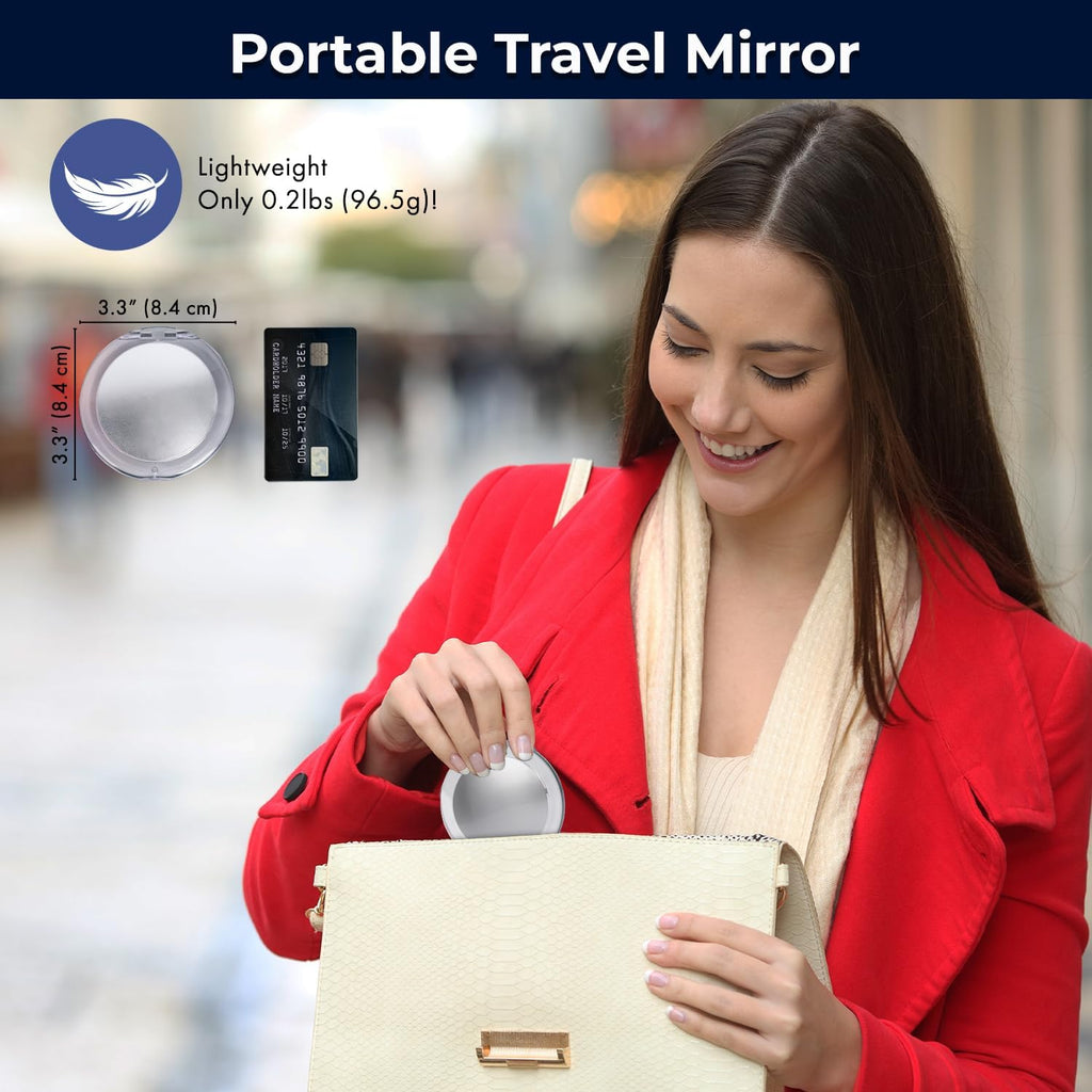 MIRRORVANA Small Compact 20X Magnifying Mirror for Travel - Handheld, Foldable & Very Lightweight - Mini Pocket-Sized Magnified Mirror for Purse - Round 3.3” Diameter