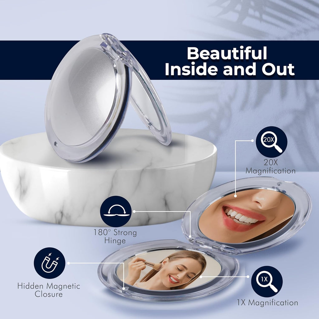 MIRRORVANA Small Compact 20X Magnifying Mirror for Travel - Handheld, Foldable & Very Lightweight - Mini Pocket-Sized Magnified Mirror for Purse - Round 3.3” Diameter