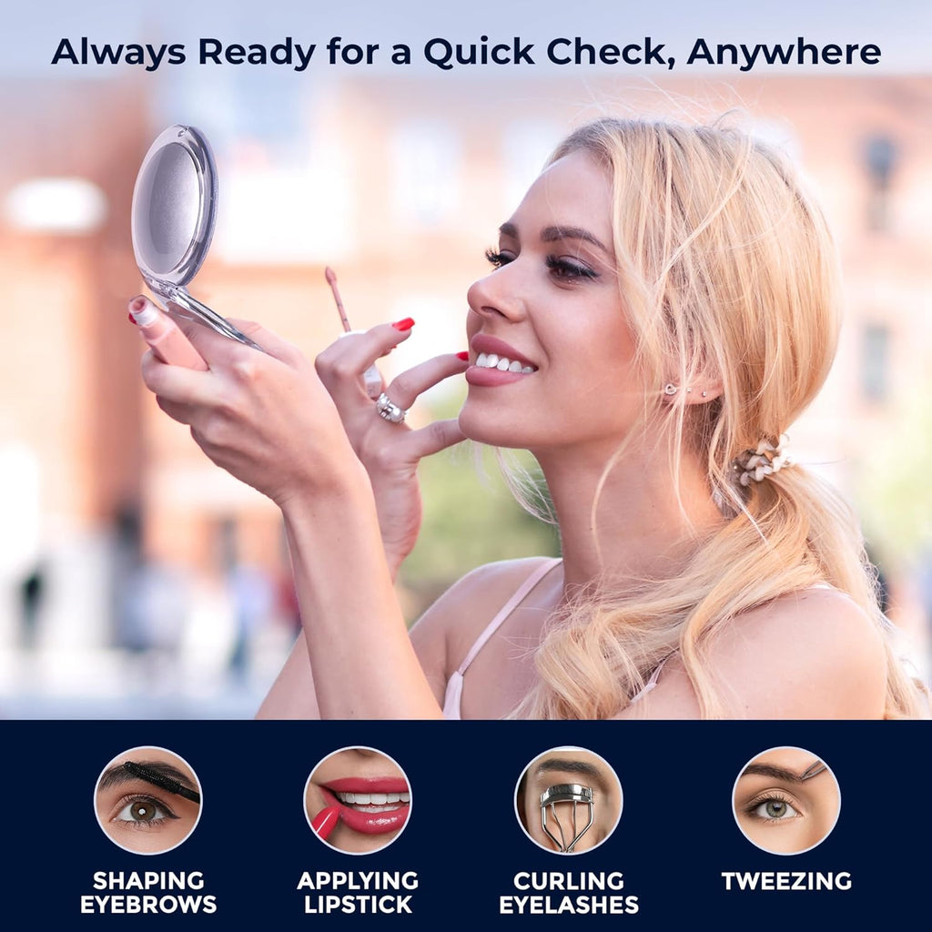 MIRRORVANA Small Compact 20X Magnifying Mirror for Travel - Handheld, Foldable & Very Lightweight - Mini Pocket-Sized Magnified Mirror for Purse - Round 3.3” Diameter