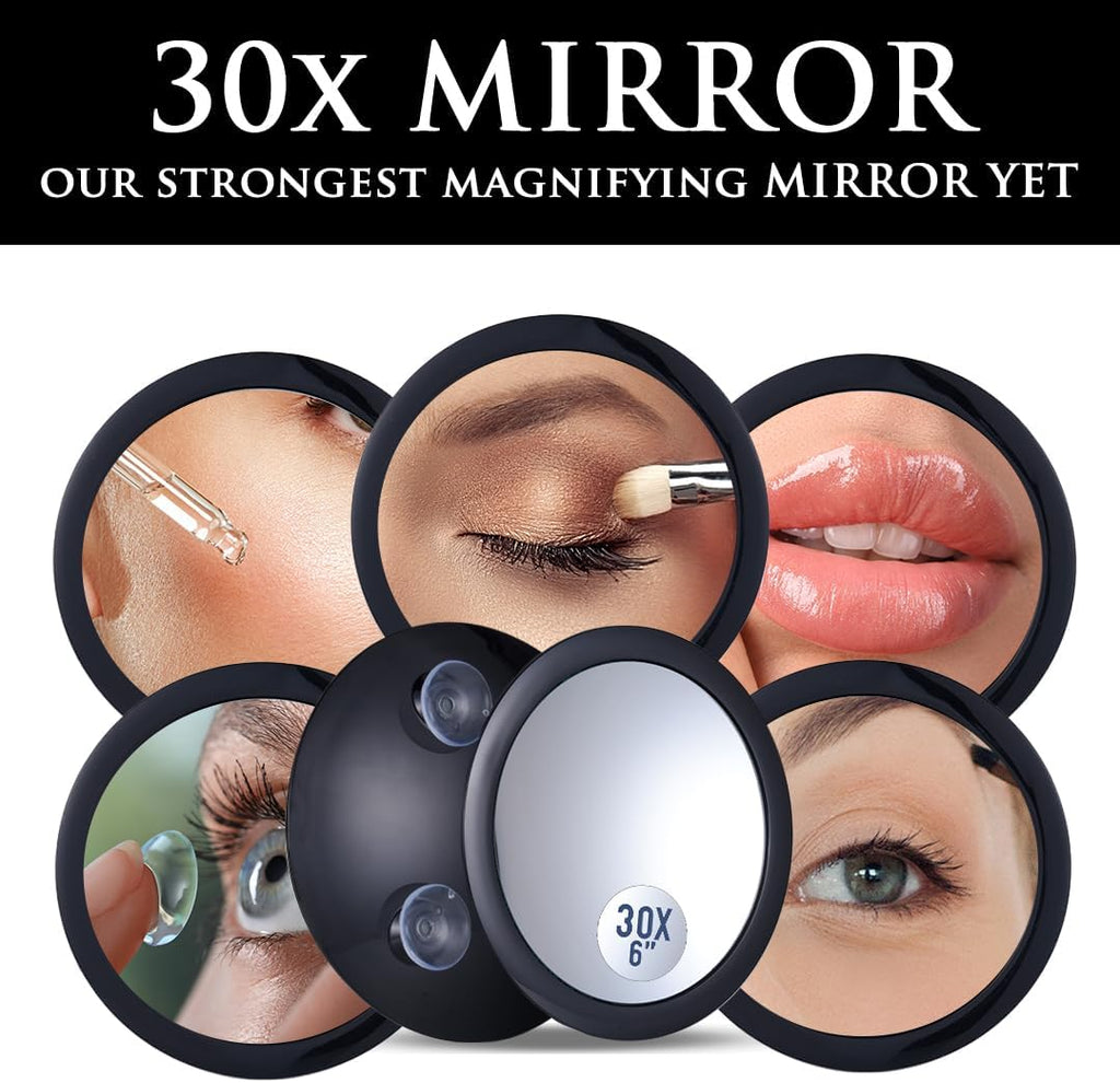 MIRRORVANA Mega-Powerful 30X Magnifying Makeup Mirror - Stick On, Ultra Portable Travel Cosmetic Mirror for Precise Makeup and Grooming, 6-inch (Black)