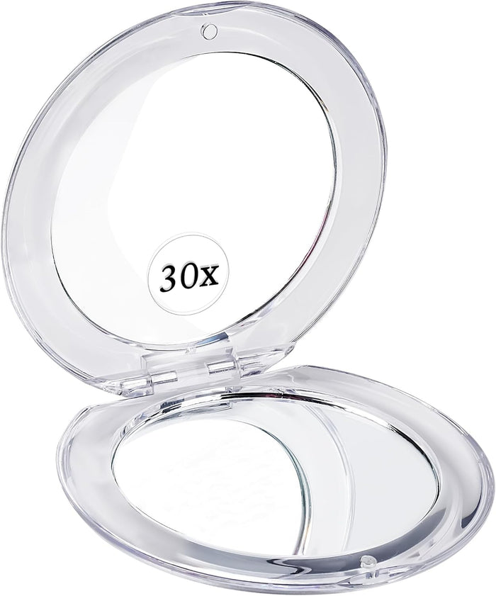 MIRRORVANA Small Compact 30X Magnifying Mirror for Travel - Handheld, Foldable & Very Lightweight - Mini Pocket-Sized Magnified Mirror for Purse - Round 3.3” Diameter