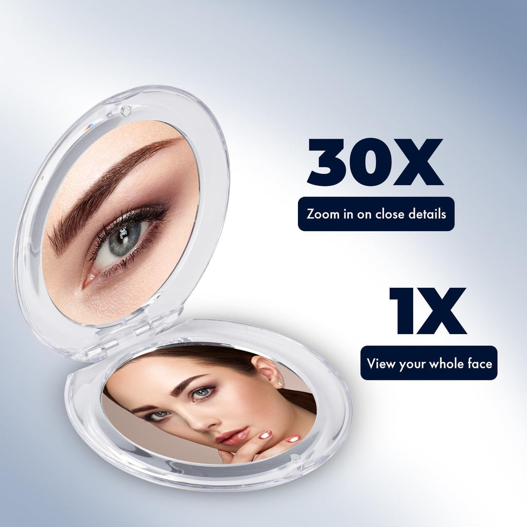 MIRRORVANA Small Compact 30X Magnifying Mirror for Travel - Handheld, Foldable & Very Lightweight - Mini Pocket-Sized Magnified Mirror for Purse - Round 3.3” Diameter