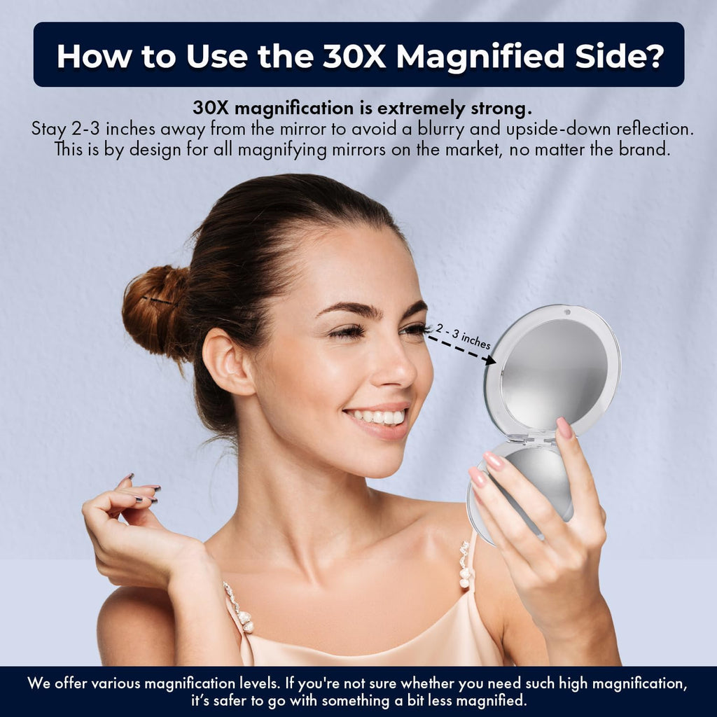 MIRRORVANA Small Compact 30X Magnifying Mirror for Travel - Handheld, Foldable & Very Lightweight - Mini Pocket-Sized Magnified Mirror for Purse - Round 3.3” Diameter