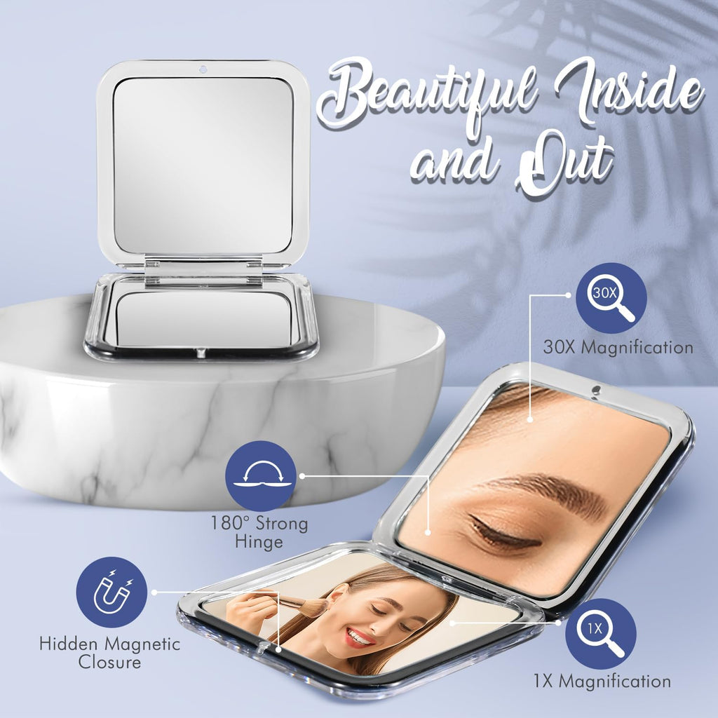 MIRRORVANA 30X Compact Magnifying Mirror for Travel, Handheld and Foldable Square Design - Lightweight Mini Pocket-Sized Magnified Mirror, Ideal for Purse or Handbag Use - 3.3" x 3.3" (Black)