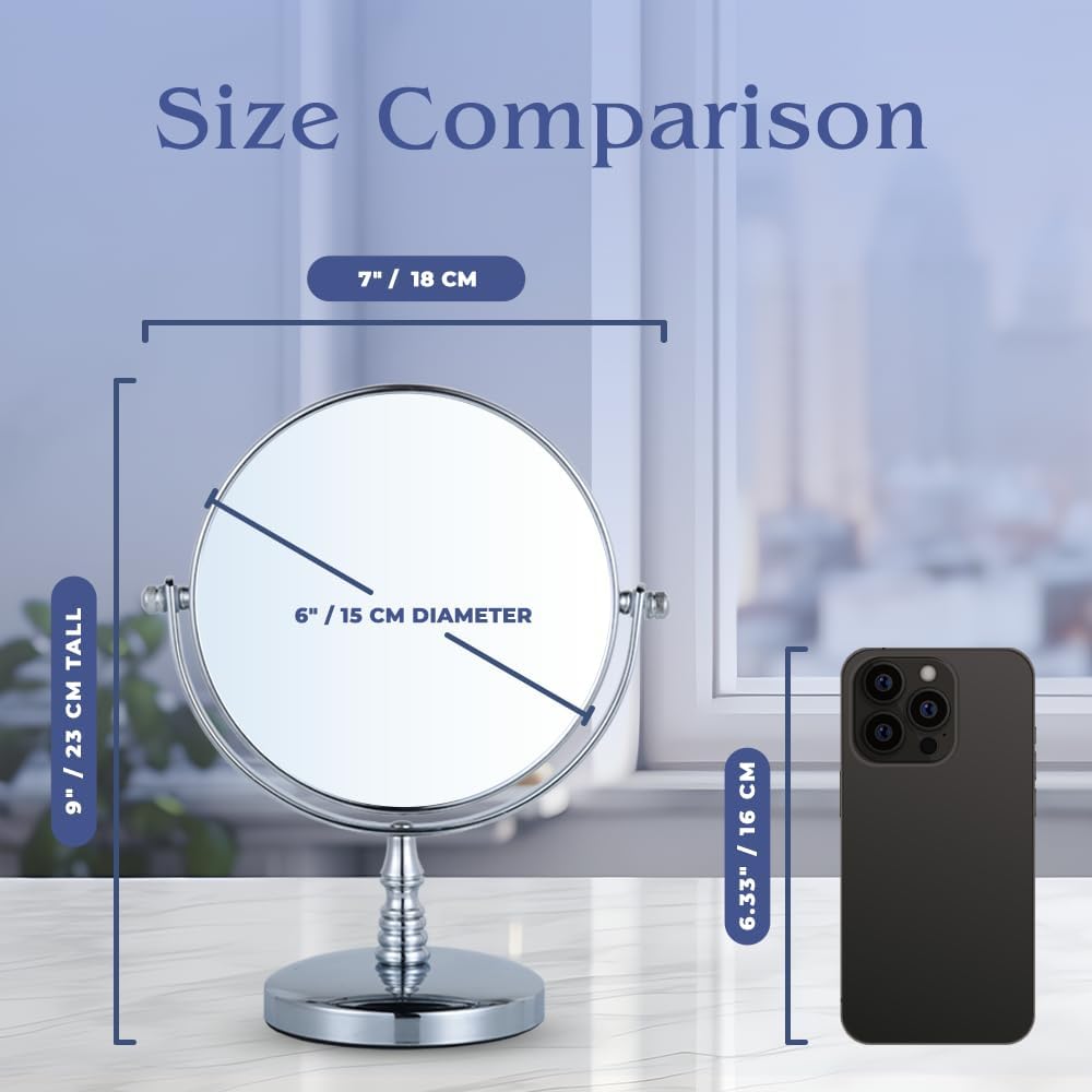 20X/1X Magnifying Tabletop Mirror, 6" Wide and 9" Tall (Chrome)