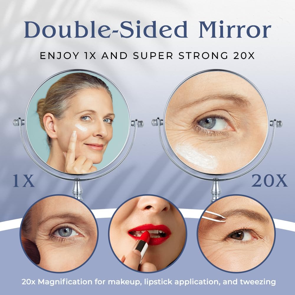 20X/1X Magnifying Tabletop Mirror, 6" Wide and 9" Tall (Chrome)