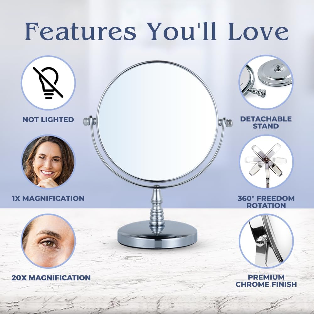 20X/1X Magnifying Tabletop Mirror, 6" Wide and 9" Tall (Chrome)