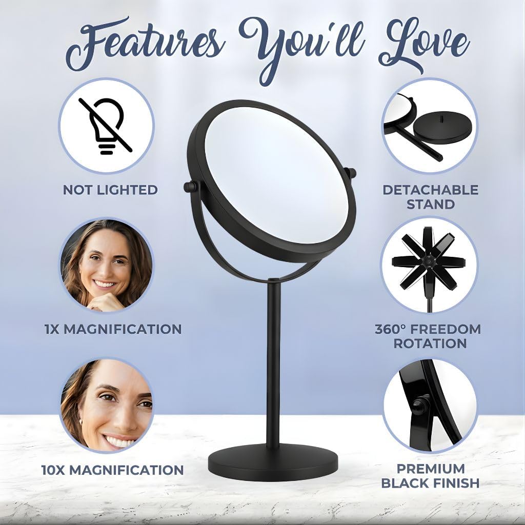 Double-Sided 10X/1X Tabletop Makeup Mirror in Gift Box, 7" Wide (Black)