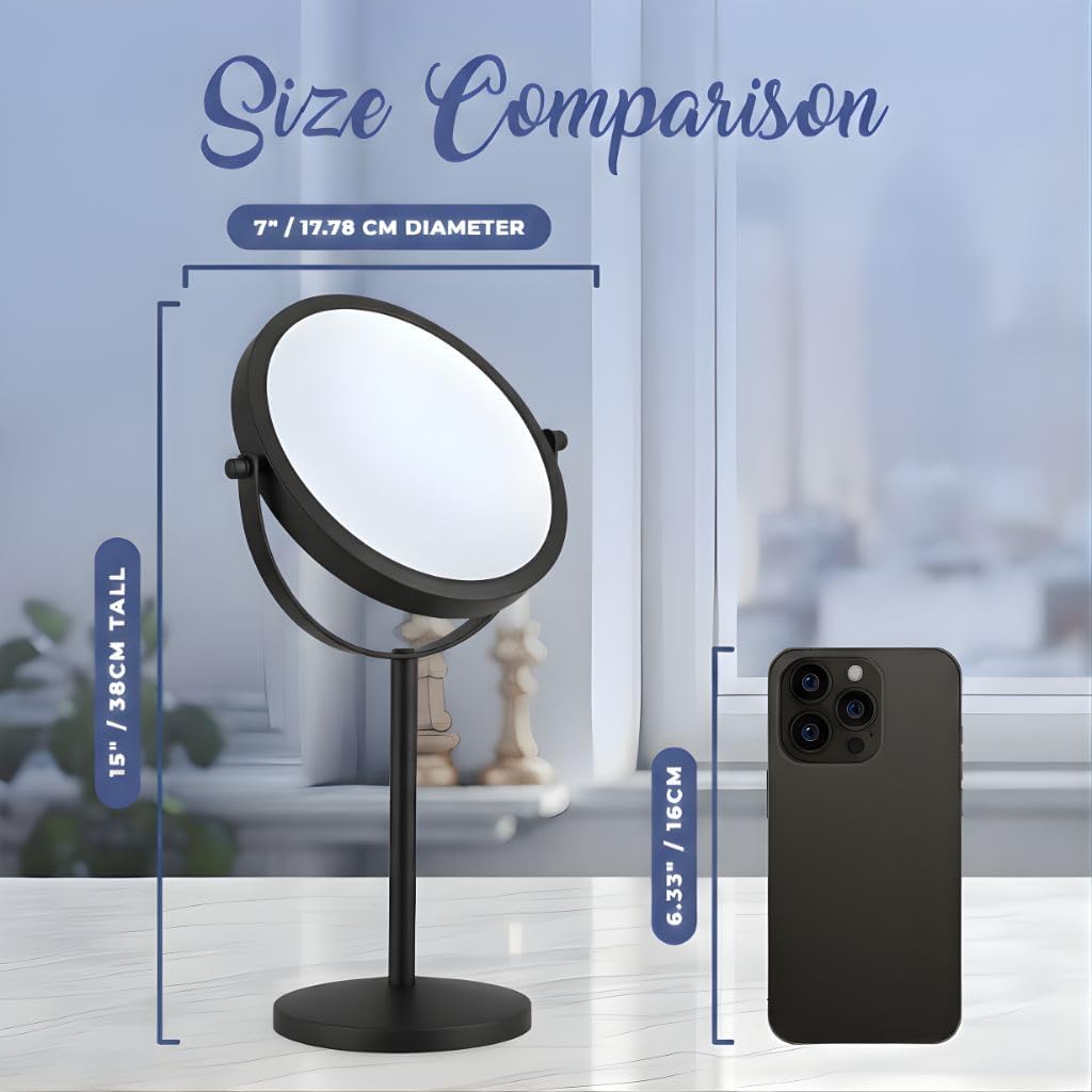 Double-Sided 10X/1X Tabletop Makeup Mirror in Gift Box, 7" Wide (Black)