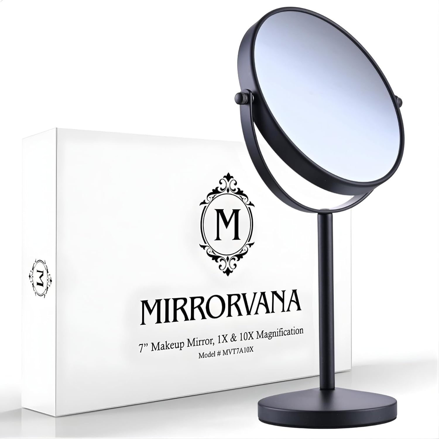 Double-Sided 10X/1X Tabletop Makeup Mirror in Gift Box, 7" Wide (Black)