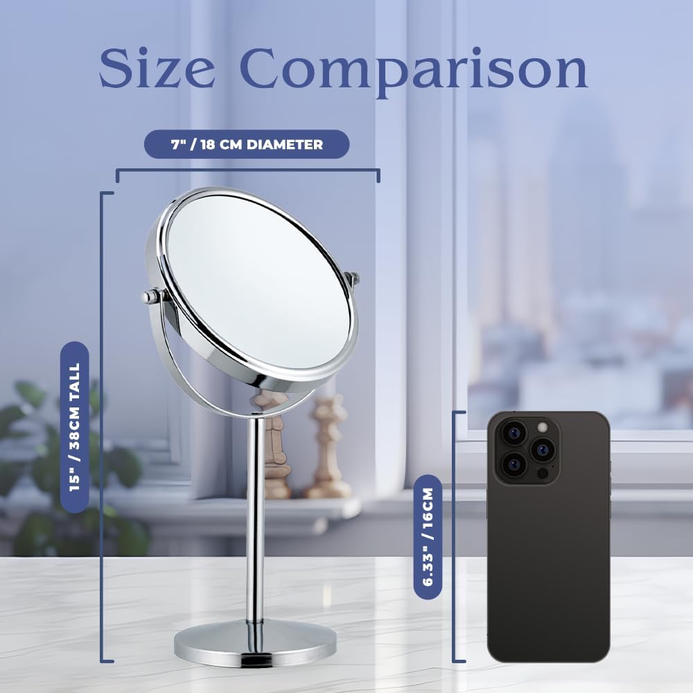 MIRRORVANA 10X Magnifying Makeup Mirror on Round Stand for Tabletop, Bedroom Vanity Desk and Bathroom Counter - Free Standing Double Sided 10X/1X Magnification Mirror - 7" Wide and 14" Tall (Chrome)