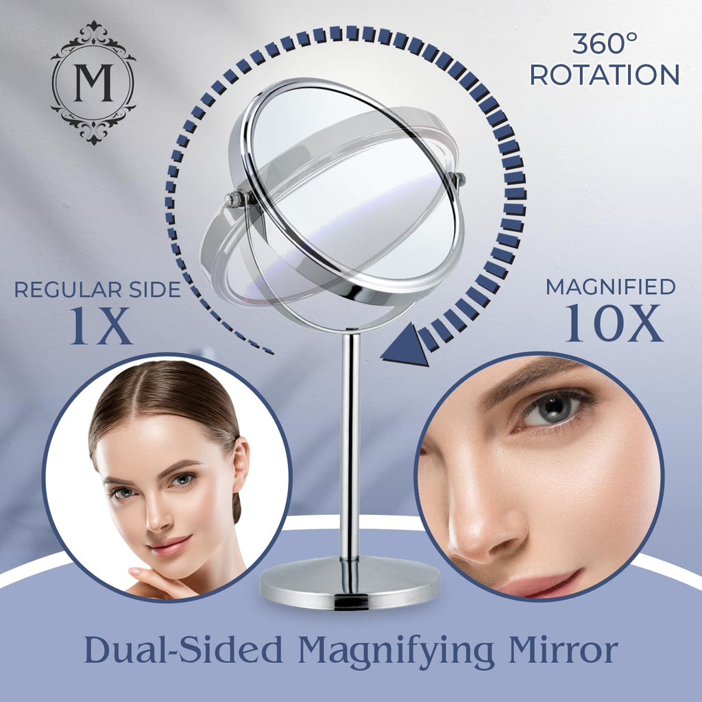 MIRRORVANA 10X Magnifying Makeup Mirror on Round Stand for Tabletop, Bedroom Vanity Desk and Bathroom Counter - Free Standing Double Sided 10X/1X Magnification Mirror - 7" Wide and 14" Tall (Chrome)