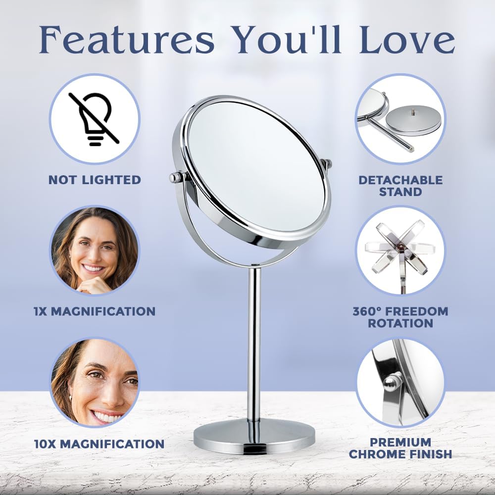 MIRRORVANA 10X Magnifying Makeup Mirror on Round Stand for Tabletop, Bedroom Vanity Desk and Bathroom Counter - Free Standing Double Sided 10X/1X Magnification Mirror - 7" Wide and 14" Tall (Chrome)