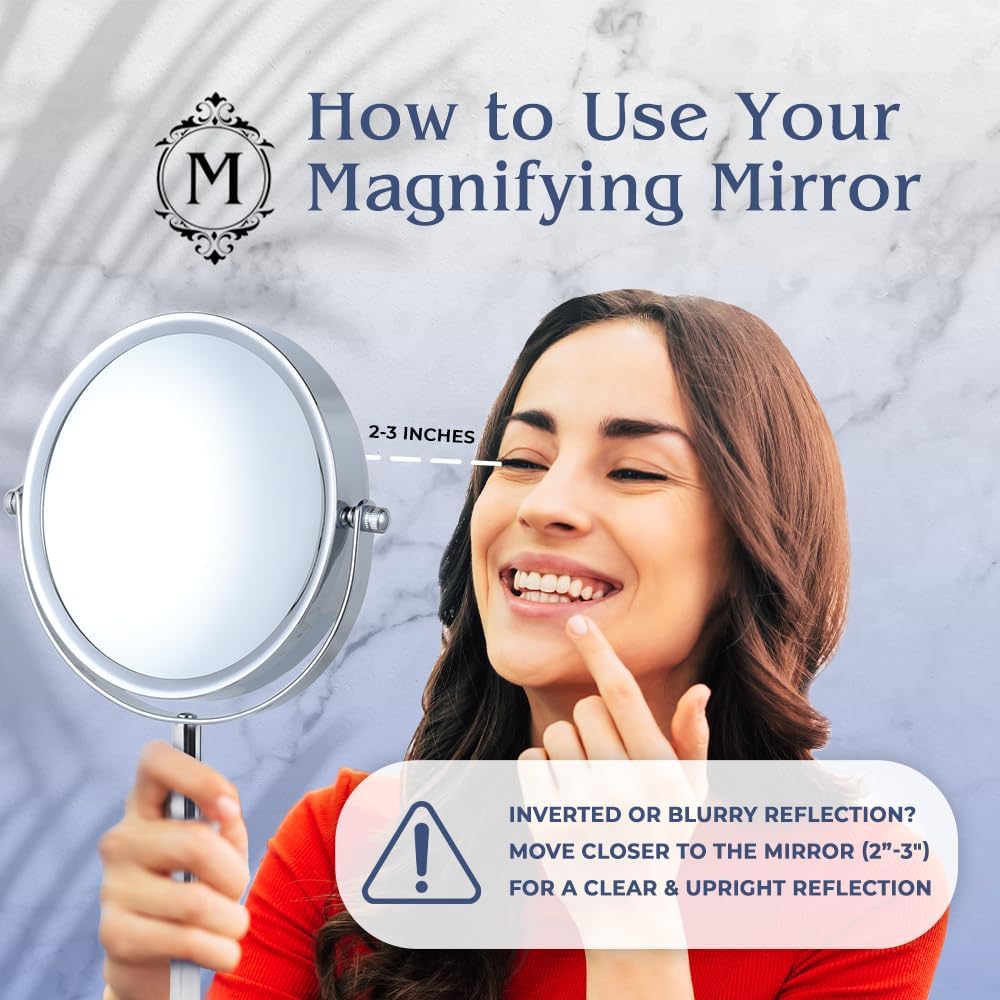 MIRRORVANA 10X Magnifying Makeup Mirror on Round Stand for Tabletop, Bedroom Vanity Desk and Bathroom Counter - Free Standing Double Sided 10X/1X Magnification Mirror - 7" Wide and 14" Tall (Chrome)