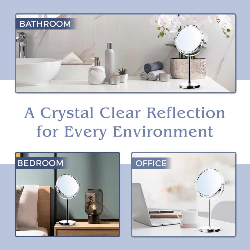 MIRRORVANA 10X Magnifying Makeup Mirror on Round Stand for Tabletop, Bedroom Vanity Desk and Bathroom Counter - Free Standing Double Sided 10X/1X Magnification Mirror - 7" Wide and 14" Tall (Chrome)
