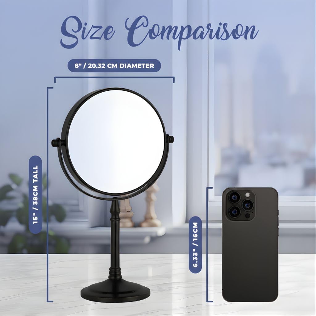Double-Sided 10X/1X Tabletop Makeup Mirror in Gift Box, 8" Wide (Black)