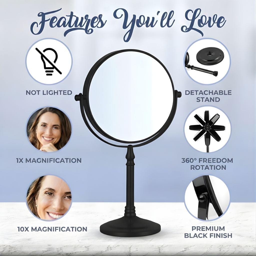 Double-Sided 10X/1X Tabletop Makeup Mirror in Gift Box, 8" Wide (Black)