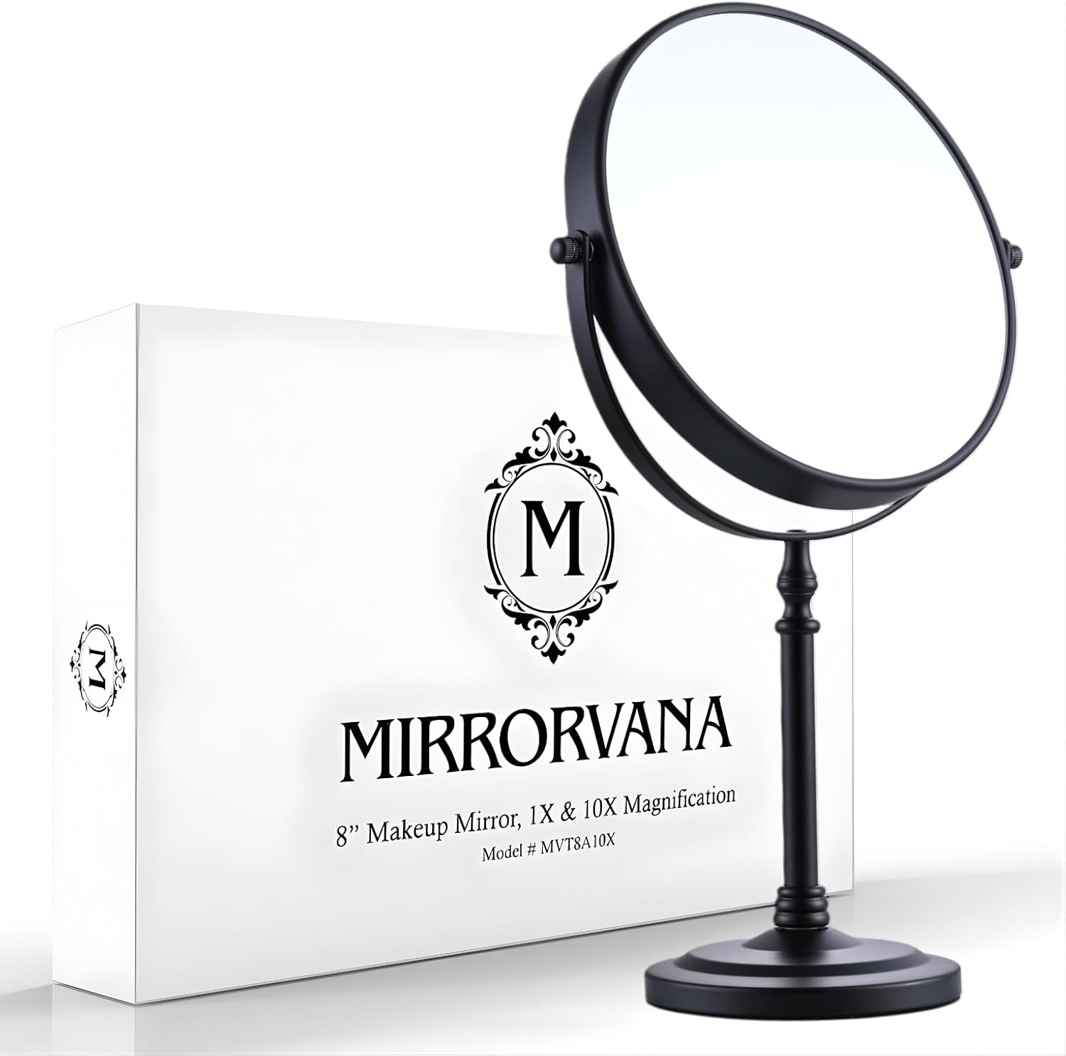 Double-Sided 10X/1X Tabletop Makeup Mirror in Gift Box, 8" Wide (Black)