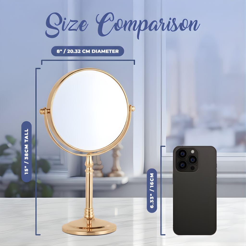 Double-Sided 10X/1X Tabletop Makeup Mirror in Gift Box, 8" Wide (Gold)