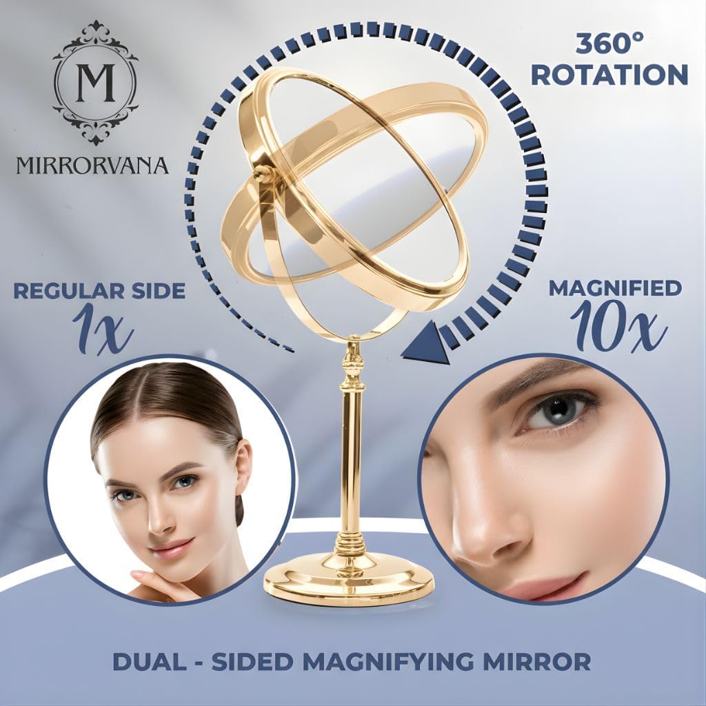 Double-Sided 10X/1X Tabletop Makeup Mirror in Gift Box, 8" Wide (Gold)