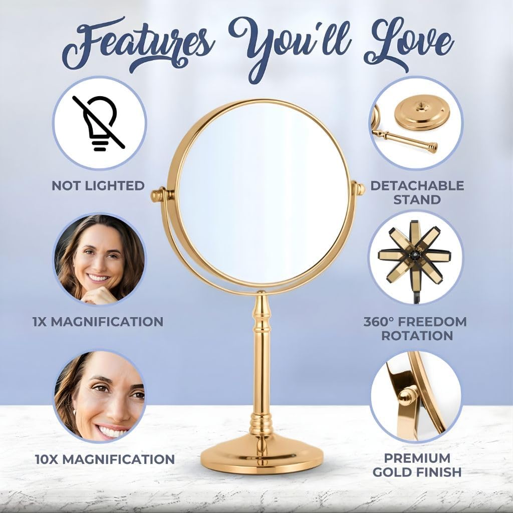 Double-Sided 10X/1X Tabletop Makeup Mirror in Gift Box, 8" Wide (Gold)